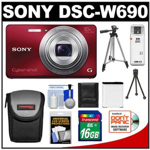 Sony Cyber-Shot DSC-W690 Digital Camera (Red) with 16GB Card + Battery + Case + Tripod + Accessory Kit - Digital Cameras and Accessories - Hip Lens.com