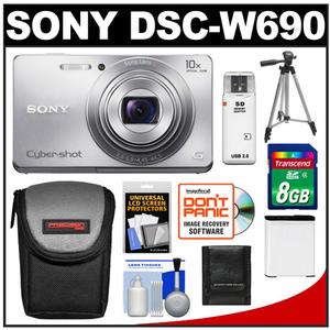 Sony Cyber-Shot DSC-W690 Digital Camera (Silver) with 8GB Card + Battery + Case + Tripod + Accessory Kit - Digital Cameras and Accessories - Hip Lens.com