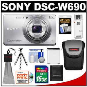 Sony Cyber-Shot DSC-W690 Digital Camera (Silver) with 16GB Card + Battery + Case + Flex Tripod + Accessory Kit - Digital Cameras and Accessories - Hip Lens.com