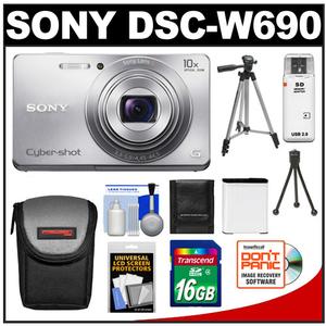 Sony Cyber-Shot DSC-W690 Digital Camera (Silver) with 16GB Card + Battery + Case + Tripod + Accessory Kit - Digital Cameras and Accessories - Hip Lens.com