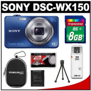 Sony Cyber-Shot DSC-WX150 Digital Camera (Blue) with 8GB Card + Case + Flex Tripod + Accessory Kit - Digital Cameras and Accessories - Hip Lens.com