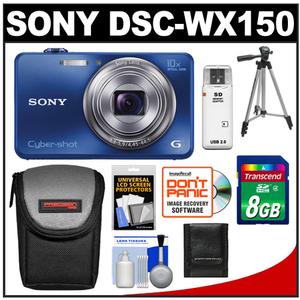 Sony Cyber-Shot DSC-WX150 Digital Camera (Blue) with 8GB Card + Case + Tripod + Accessory Kit - Digital Cameras and Accessories - Hip Lens.com