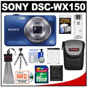 Sony Cyber-Shot DSC-WX150 Digital Camera (Blue) with 16GB Card + Battery + Case + Flex Tripod + Accessory Kit - Digital Cameras and Accessories - Hip Lens.com