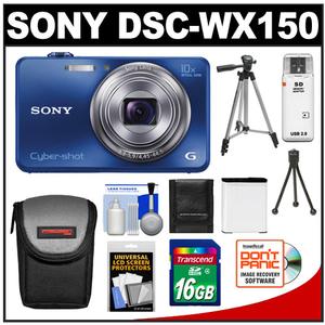 Sony Cyber-Shot DSC-WX150 Digital Camera (Blue) with 16GB Card + Battery + Case + (2) Tripods + Accessory Kit - Digital Cameras and Accessories - Hip Lens.com
