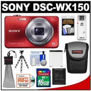 Sony Cyber-Shot DSC-WX150 Digital Camera (Red) with 16GB Card + Battery + Case + Flex Tripod + Accessory Kit - Digital Cameras and Accessories - Hip Lens.com