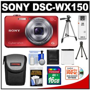 Sony Cyber-Shot DSC-WX150 Digital Camera (Red) with 16GB Card + Battery + Case + (2) Tripods + Accessory Kit - Digital Cameras and Accessories - Hip Lens.com