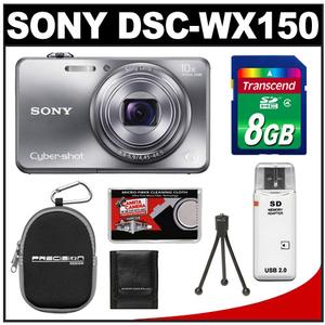 Sony Cyber-Shot DSC-WX150 Digital Camera (Silver) with 8GB Card + Case + Flex Tripod + Accessory Kit - Digital Cameras and Accessories - Hip Lens.com