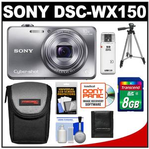 Sony Cyber-Shot DSC-WX150 Digital Camera (Silver) with 8GB Card + Case + Tripod + Accessory Kit - Digital Cameras and Accessories - Hip Lens.com