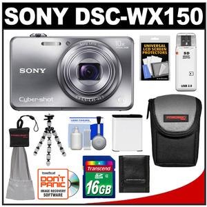 Sony Cyber-Shot DSC-WX150 Digital Camera (Silver) with 16GB Card + Battery + Case + Flex Tripod + Accessory Kit - Digital Cameras and Accessories - Hip Lens.com