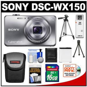 Sony Cyber-Shot DSC-WX150 Digital Camera (Silver) with 16GB Card + Battery + Case + (2) Tripods + Accessory Kit - Digital Cameras and Accessories - Hip Lens.com