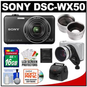 Sony Cyber-Shot DSC-WX50 Digital Camera (Black) with 16GB Card + Wide Angle & Telephoto Lenses + Case + Accessory Kit - Digital Cameras and Accessories - Hip Lens.com