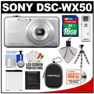 Sony Cyber-Shot DSC-WX50 Digital Camera (Silver) with 16GB Card + Case + Battery + Flex Tripod + Accessory Kit - Digital Cameras and Accessories - Hip Lens.com