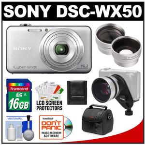 Sony Cyber-Shot DSC-WX50 Digital Camera (Silver) with 16GB Card + Wide Angle & Telephoto Lenses + Case + Accessory Kit - Digital Cameras and Accessories - Hip Lens.com