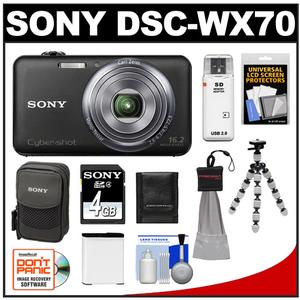 Sony Cyber-Shot DSC-WX70 Digital Camera (Black) with 4GB Card & Case with Battery + Flex Tripod + Accessory Kit - Digital Cameras and Accessories - Hip Lens.com