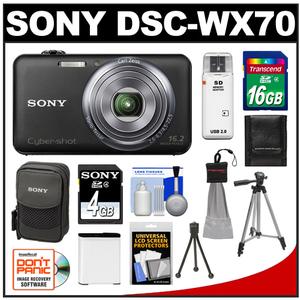 Sony Cyber-Shot DSC-WX70 Digital Camera (Black) with 4GB Card & Case with 16GB Card + Battery + Tripod + Accessory Kit - Digital Cameras and Accessories - Hip Lens.com