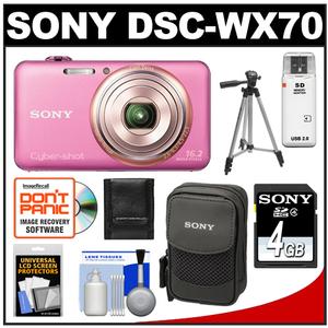 Sony Cyber-Shot DSC-WX70 Digital Camera (Pink) with 4GB Card & Case with Tripod + Accessory Kit - Digital Cameras and Accessories - Hip Lens.com