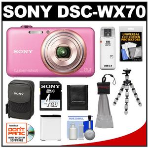 Sony Cyber-Shot DSC-WX70 Digital Camera (Pink) with 4GB Card & Case with Battery + Flex Tripod + Accessory Kit - Digital Cameras and Accessories - Hip Lens.com