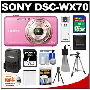 Sony Cyber-Shot DSC-WX70 Digital Camera (Pink) with 4GB Card & Case with 16GB Card + Battery + Tripod + Accessory Kit - Digital Cameras and Accessories - Hip Lens.com