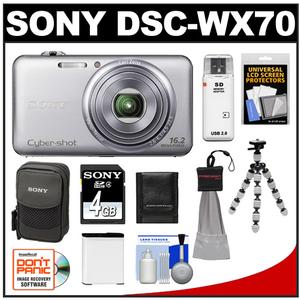 Sony Cyber-Shot DSC-WX70 Digital Camera (Silver) with 4GB Card & Case with Battery + Flex Tripod + Accessory Kit - Digital Cameras and Accessories - Hip Lens.com