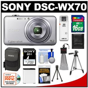 Sony Cyber-Shot DSC-WX70 Digital Camera (Silver) with 4GB Card & Case with 16GB Card + Battery + Tripod + Accessory Kit - Digital Cameras and Accessories - Hip Lens.com
