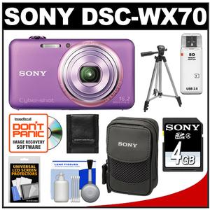 Sony Cyber-Shot DSC-WX70 Digital Camera (Violet) with 4GB Card & Case with Tripod + Accessory Kit - Digital Cameras and Accessories - Hip Lens.com