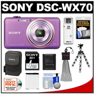 Sony Cyber-Shot DSC-WX70 Digital Camera (Violet) with 4GB Card & Case with Battery + Flex Tripod + Accessory Kit - Digital Cameras and Accessories - Hip Lens.com
