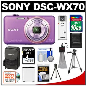 Sony Cyber-Shot DSC-WX70 Digital Camera (Violet) with 4GB Card & Case with 16GB Card + Battery + Tripod + Accessory Kit - Digital Cameras and Accessories - Hip Lens.com