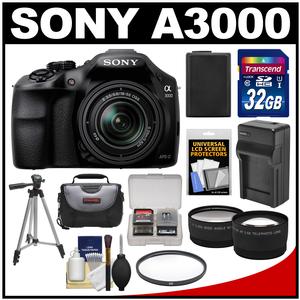 Sony Alpha A3000 Digital Camera & 18-55mm Lens (Black) with 32GB Card + Battery + Charger + Case + Tripod + Tele/Wide Lenses + Accessory Kit
