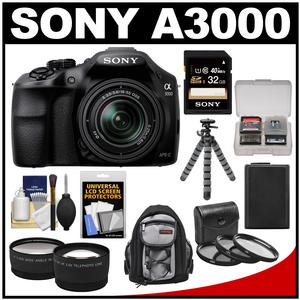 Sony Alpha A3000 Digital Camera & 18-55mm Lens (Black) with 32GB Card + Battery + Backpack + Flex Tripod + Tele/Wide Lenses + Accessory Kit