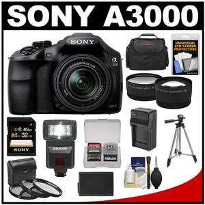 Sony Alpha A3000 Digital Camera & 18-55mm Lens (Black) with 32GB Card + Battery + Case + Flash + Tripod + Tele/Wide Lenses + Accessory Kit