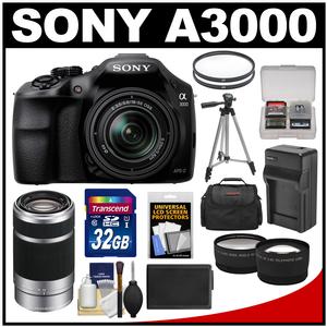 Sony Alpha A3000 Digital Camera & 18-55mm Lens (Black) + 55-210mm Lens + 32GB Card + Battery + Case + Tripod + Tele/Wide Lenses + Accessory Kit