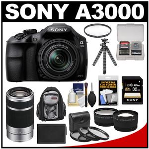 Sony Alpha A3000 Digital Camera & 18-55mm Lens (Black) with 55-210mm Lens + 32GB Card + Battery + Backpack + Tripod + Tele/Wide Lens Kit
