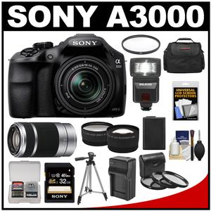 Sony Alpha A3000 Digital Camera & 18-55mm Lens (Black) with 55-210mm Lens + 32GB Card + Battery + Case + Flash + Tripod + Tele/Wide Lens Kit