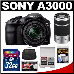 Sony Alpha A3000 Digital Camera & 18-55mm Lens (Black) with 55-210mm Lens + 32GB Card + Case + Accessory Kit