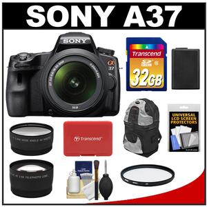 Sony Alpha SLT-A37 Translucent Mirror Technology Digital SLR Camera Body & 18-55mm Lens with 32GB Card + Backpack + Battery + Remote + Tele/Wide-Angle Lens + Fi - Digital Cameras and Accessories - Hip Lens.com