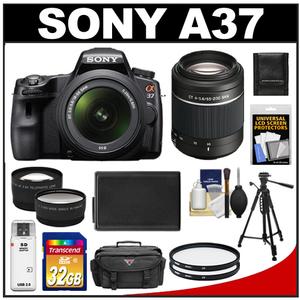 Sony Alpha SLT-A37 Translucent Mirror Technology Digital SLR Camera Body & 18-55mm Lens with 55-200mm Lens + 32GB Card + Case + Battery + Tripod + Filters + Rem - Digital Cameras and Accessories - Hip Lens.com