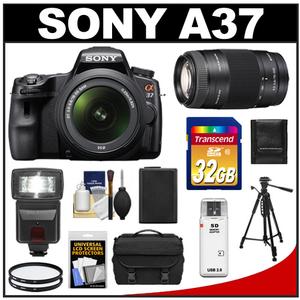 Sony Alpha SLT-A37 Translucent Mirror Technology Digital SLR Camera Body & 18-55mm Lens with 75-300mm Lens + 32GB Card + Flash + Case + Battery + Tripod + Filte - Digital Cameras and Accessories - Hip Lens.com
