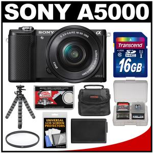 Sony Alpha A5000 Wi-Fi Digital Camera & 16-50mm Lens (Black) with 16GB Card + Case + Battery + Flex Tripod + Filter + Accessory Kit