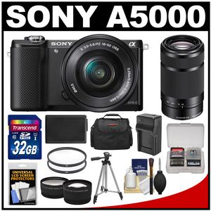 Sony Alpha A5000 Wi-Fi Digital Camera & 16-50mm Lens (Black) with 55-210mm Lens + 32GB Card + Case + Battery/Charger + Tripod + Tele/Wide Lens Kit