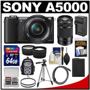 Sony Alpha A5000 Wi-Fi Digital Camera & 16-50mm Lens (Black) with 55-210mm Lens + 64GB Card + Backpack + Battery/Charger + Tripod + Tele/Wide Lens Kit