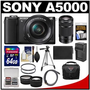 Sony Alpha A5000 Wi-Fi Digital Camera & 16-50mm Lens (Black) with 55-210mm Lens + 64GB Card + Case + Battery/Charger + Tripod + Tele/Wide Lens Kit