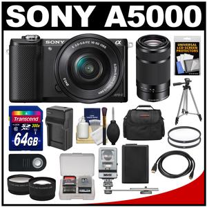 Sony Alpha A5000 Wi-Fi Digital Camera & 16-50mm Lens (Black) with 55-210mm Lens + 64GB Card + Case + Flash + Battery/Charger + Tripod Kit