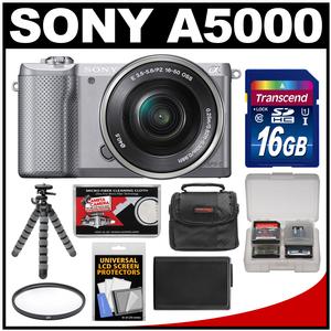 Sony Alpha A5000 Wi-Fi Digital Camera & 16-50mm Lens (Silver) with 16GB Card + Case + Battery + Flex Tripod + Filter + Accessory Kit