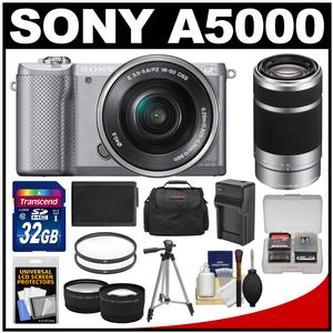 Sony Alpha A5000 Wi-Fi Digital Camera & 16-50mm Lens (Silver) with 55-210mm Lens + 32GB Card + Case + Battery/Charger + Tripod + Tele/Wide Lens Kit