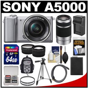 Sony Alpha A5000 Wi-Fi Digital Camera & 16-50mm Lens (Silver) with 55-210mm Lens + 64GB Card + Backpack + Battery/Charger + Tripod + Tele/Wide Lens Kit
