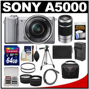 Sony Alpha A5000 Wi-Fi Digital Camera & 16-50mm Lens (Silver) with 55-210mm Lens + 64GB Card + Case + Battery/Charger + Tripod + Tele/Wide Lens Kit