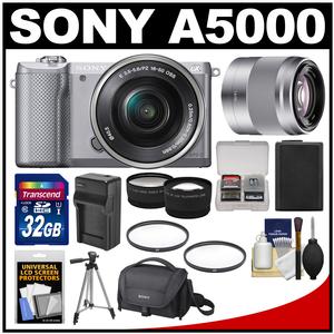 Sony Alpha A5000 Wi-Fi Digital Camera & 16-50mm Lens (Silver) with 50mm F/1.8 Lens + 32GB Card + Case + Battery/Charger + Tripod Kit