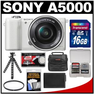 Sony Alpha A5000 Wi-Fi Digital Camera & 16-50mm Lens (White) with 16GB Card + Case + Battery + Flex Tripod + Filter + Accessory Kit