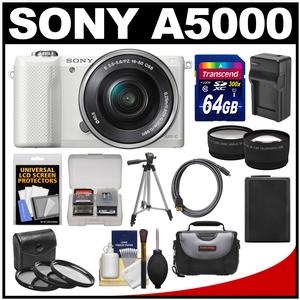 Sony Alpha A5000 Wi-Fi Digital Camera & 16-50mm Lens (White) with 64GB Card + Case + Battery & Charger + Tripod + HDMI Cable + Tele/Wide Lens Kit