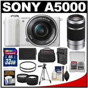 Sony Alpha A5000 Wi-Fi Digital Camera & 16-50mm Lens (White) with 55-210mm Lens + 32GB Card + Case + Battery/Charger + Tripod + Tele/Wide Lens Kit